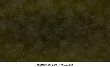 Fondo navideño de copos de nieve de diferentes formas, tamaños, borrosidad y transparencia en colores amarillo oscuro