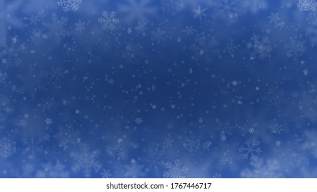Christmas background of snowflakes of different shapes, sizes, blur and transparency in blue colors