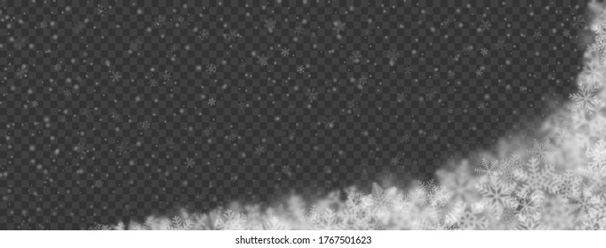 Christmas background of snowflakes of different shapes, sizes, blur and transparency on transparent background