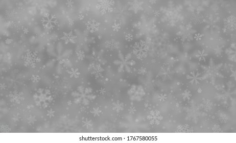 Christmas background of snowflakes of different shapes, sizes, blur and transparency in gray colors
