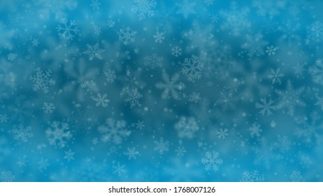 Christmas background of snowflakes of different shapes, sizes, blur and transparency in light blue colors