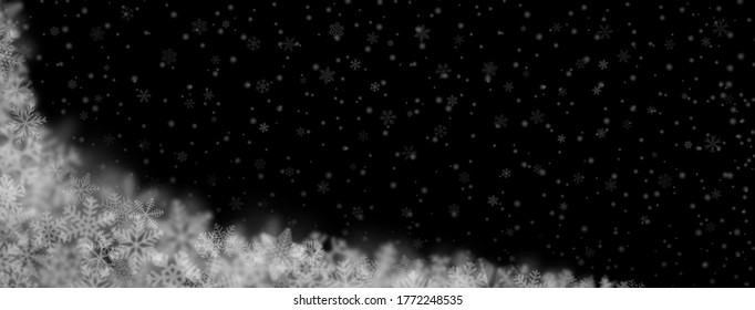 Fondo navideño de copos de nieve de diferentes formas, tamaños, borrosidad y transparencia en fondo negro