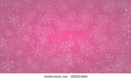 Fondo navideño de copos de nieve de diferentes formas, tamaños y transparencia en colores rosados