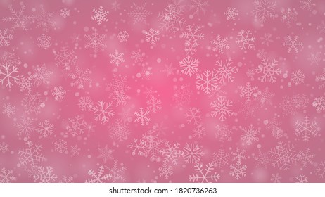 Christmas background of snowflakes of different shapes, sizes and transparency in pink colors