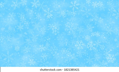 Christmas background of snowflakes of different shapes, sizes and transparency in light blue colors