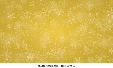 Weihnachtshintergrund für Schneeflocken verschiedener Formen, Größen und Transparenz in gelben Farben