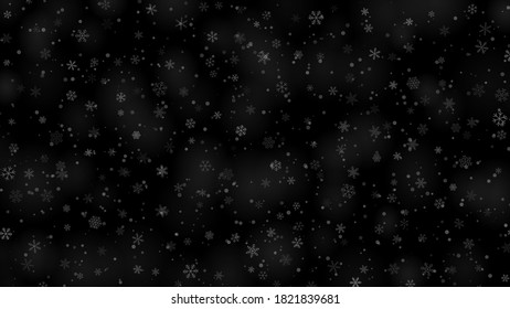 Christmas background of snowflakes of different shapes, sizes and transparency in gray and black colors