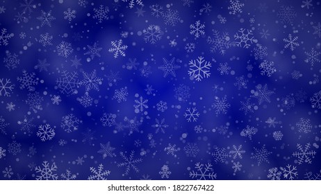 Christmas background of snowflakes of different shapes, sizes and transparency in blue colors