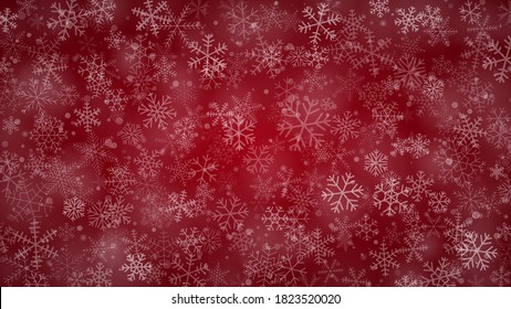 Fondo navideño de copos de nieve de diferentes formas, tamaños y transparencia en colores rojos