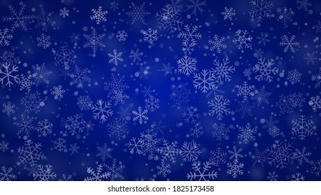 Christmas background of snowflakes of different shapes, sizes and transparency in blue colors