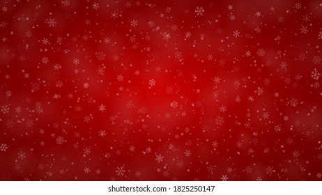 Christmas background of snowflakes of different shapes, sizes and transparency in red colors