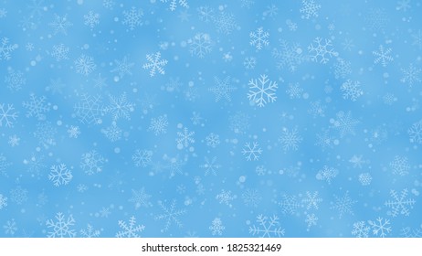 Fondo navideño de copos de nieve de diferentes formas, tamaños y transparencia en colores azul claro