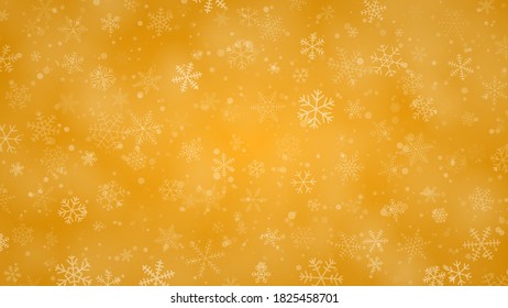 Christmas background of snowflakes of different shapes, sizes and transparency in yellow colors