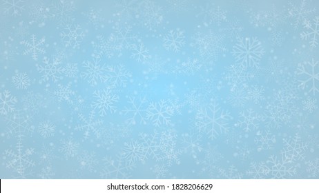 Weihnachtshintergrund für Schneeflocken verschiedener Formen, Größen und Transparenz in hellblauen Farben