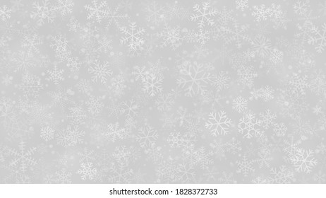 Fondo navideño de copos de nieve de diferentes formas, tamaños y transparencia en colores grises y blancos