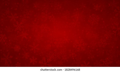 Weihnachtshintergrund für Schneeflocken verschiedener Formen, Größen und Transparenz in roten Farben