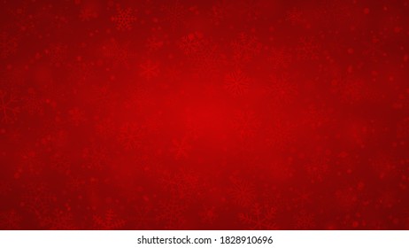 Fondo navideño de copos de nieve de diferentes formas, tamaños y transparencia en colores rojos
