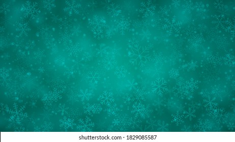 Fondo navideño de copos de nieve de diferentes formas, tamaños y transparencia en colores azul claro