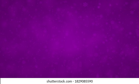 Fondo navideño de copos de nieve de diferentes formas, tamaños y transparencia en color púrpura