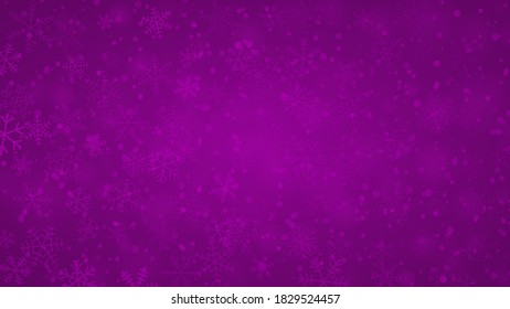 Fondo navideño de copos de nieve de diferentes formas, tamaños y transparencia en color púrpura