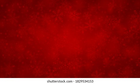 Christmas background of snowflakes of different shapes, sizes and transparency in red colors