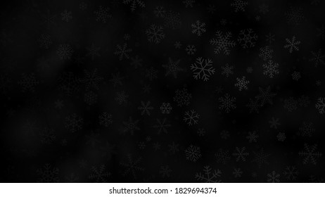 Fondo navideño de copos de nieve de diferentes formas, tamaños y transparencia en colores negro y gris