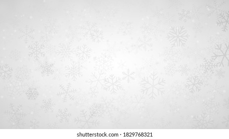 Fondo navideño de copos de nieve de diferentes formas, tamaños y transparencia en colores grises y blancos