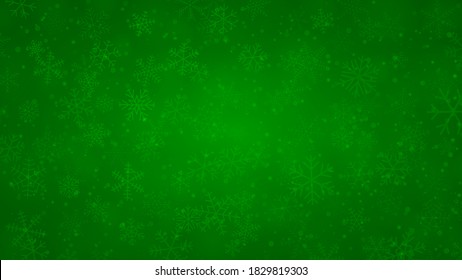 Fondo navideño de copos de nieve de diferentes formas, tamaños y transparencia en colores verdes