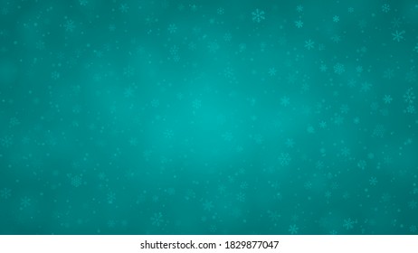 Fondo navideño de copos de nieve de diferentes formas, tamaños y transparencia en colores azul claro