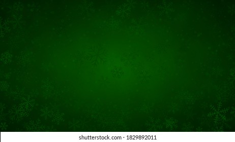 Fondo navideño de copos de nieve de diferentes formas, tamaños y transparencia en colores verde oscuro