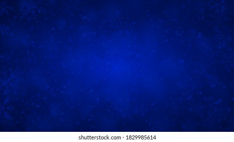 Fondo navideño de copos de nieve de diferentes formas, tamaños y transparencia en colores azules