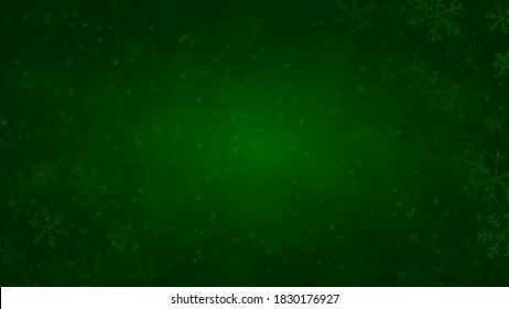 Christmas background of snowflakes of different shapes, sizes and transparency in dark green colors