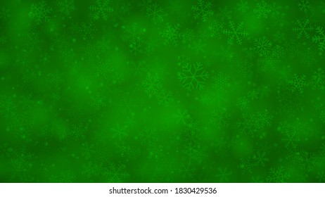 Fondo navideño de copos de nieve de diferentes formas, tamaños y transparencia en colores verdes