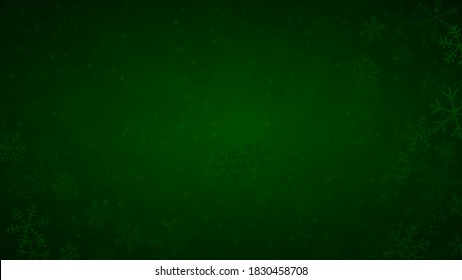 Fondo navideño de copos de nieve de diferentes formas, tamaños y transparencia en colores verde oscuro