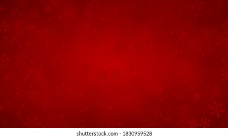 Fondo navideño de copos de nieve de diferentes formas, tamaños y transparencia en colores rojos