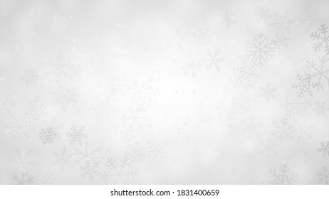 Fondo navideño de copos de nieve de diferentes formas, tamaños y transparencia en colores grises y blancos