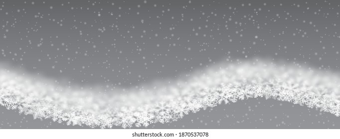 Fondo navideño de copos de nieve de diferentes formas, forma de onda borrosa y transparente sobre fondo gris