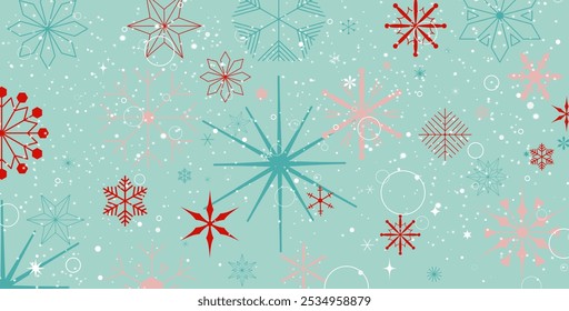 Christmas Background with Snowflakes and falling Snow. Abstract diverse colorful Snow Flakes on green Background. Template for Winter designs and seasonal decorations. Vector illustration.