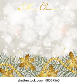 Christmas Background with snowflakes, fir branches, mistletoe element for design, vector illustration