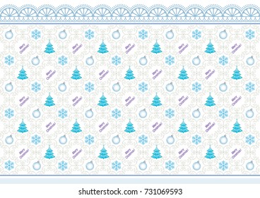 Christmas background with snowflakes, fir-tree and ball on the background of ornaments. Vector illustration