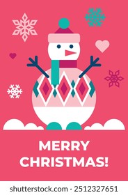 Christmas background with snowflakes and funny snowman in hat, scarf and sweater with ornament. Poster, banner, flyer, card, label