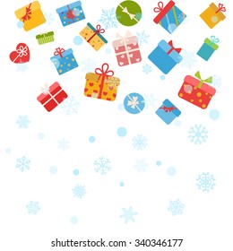 Christmas background with snowflakes and gift boxes on white