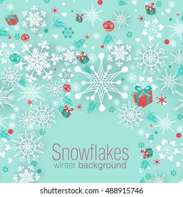 Christmas background with snowflakes and gift boxes