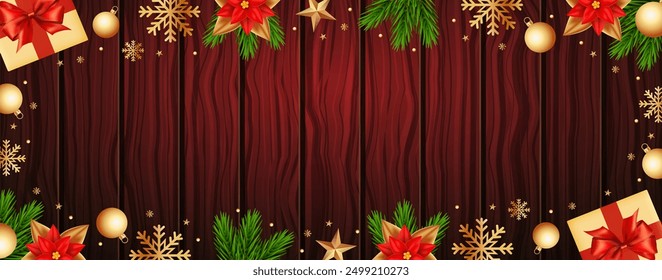 Christmas background with snowflakes, giftbox and flowers