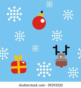 Christmas background with snowflakes, gifts, deer and decoration. Vector illustration.