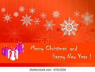 Christmas background with snowflakes and gifts. vector.