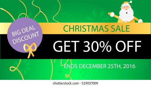 Christmas background with snowflakes and gold tinsel for on-line internet shop sale banner. Green shiny vector with Santa Claus. Big deal discount icons with bow