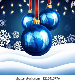 Christmas background with snowflakes and lights of Christmas tree on blue background. Happy New Year greeting card cover.
