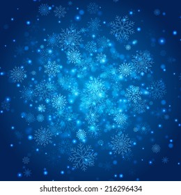 Christmas background with snowflakes and lights. Vector image