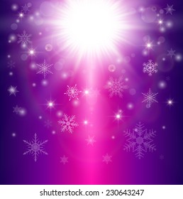 Christmas background with snowflakes and lights, vector illustration.